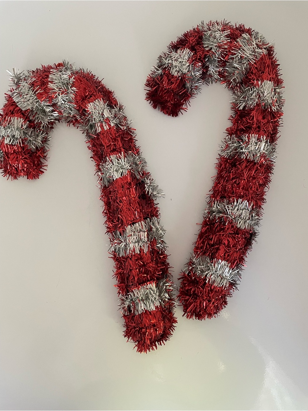 New 2 Tinsel Candy Cane Hanging Decoration 17” x 7.5 x 2” Red/Silver